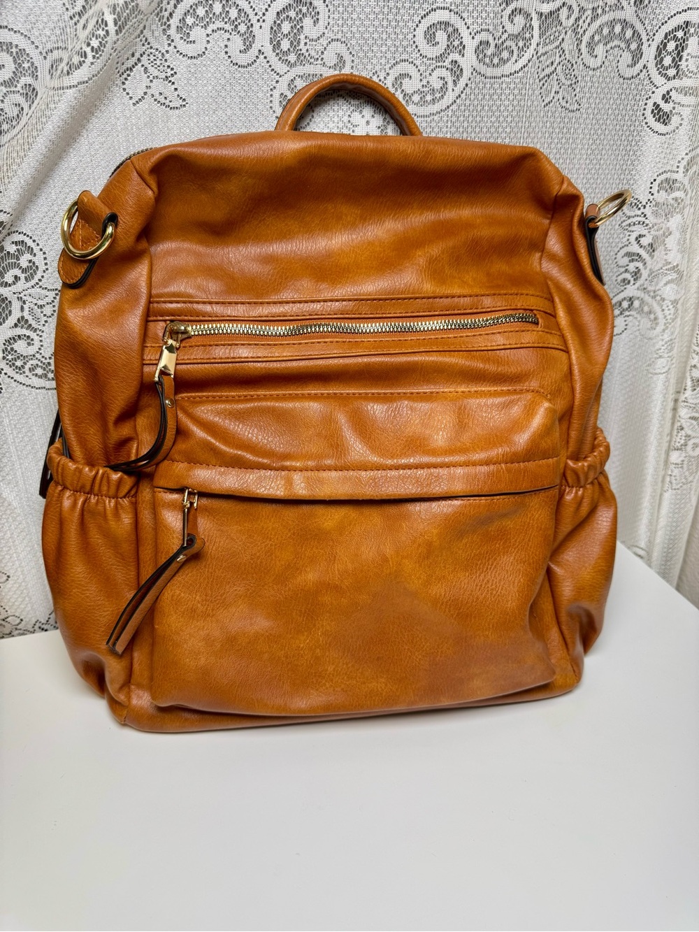 Convertible Vegan Leather Backpack Tote in Cognac with Woven Guitar Strap - Picture 2 of 9